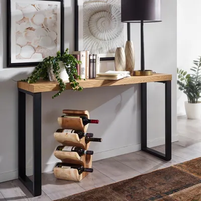 Obrázok produktu pre FineBuy Konzolový stolík v dekore dub / čierny 120x39x75,5 cm Dizajnový stolík do predsiene Úzky odkladací stolík do predsiene s kovovými nohami Dlhý vysoký stolík do predsiene