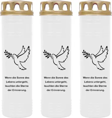 Produktbild von Grabkerze Weiß 3er Pack, Brenndauer: 170 Stunden ( je Kerze ), Motiv: Taube