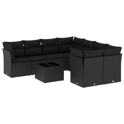 Produktbild von 9-teiliges Garten-Loungeset, modulares Sofa mit abnehmbaren Kissen, Poly Rattan Schwarz, Hartglas-Tischplatte, UV-beständig