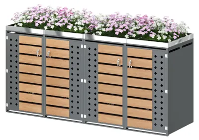 Produktbild von Mülltonnenbox mit vier Türen & Pflanzfläche, horizontale Holzmaserung & diamantförmiges Hohlpaneel, abschließbarer Geräteschrank für Garten