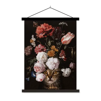 Produktbild von MuchoWow® Textilposter Katze - Blumen - Flora 90x120 cm mit schwarzem Rahmen - Dekoration