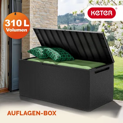 Immagine prodotto di DEUBA® Baule da Giardino 310L 123x53cm Effetto Rattan Resistente ai raggi UV con Maniglie Rotelle e Chiusura Box per Balcone Contenitore per Cuscini Porta Coperte da Esterno Antracite