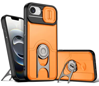 Image de Coque pour iPhone 16e / iPhone 17e avec protection pour l'appareil photo et anneau-support, coque hybride résistante aux chocs, couleur orange
