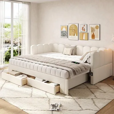 Image de Lit de jour 90x200 cm, lit rembourré avec port USB, lit escamotable avec tiroirs, sommier à lattes en bois, couleur beige, revêtement en chenille (sans matelas)
