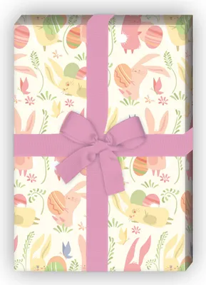 Produktbild von Fröhliches Geschenkpapier mit spielenden Osterhasen und Ostereiern, gelb - G11857, 32 x 48cm