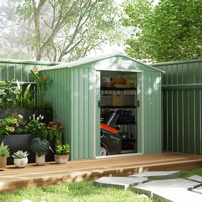 Produktbild von SUGIFT Gerätehaus Metall 2 Schiebetüren, Geräteschuppen Stahl rostfrei, Gartenhaus mit Bodenrahmen, Hellgrün | 213 x 130 x 185 cm | 4 Lüftungsfenster