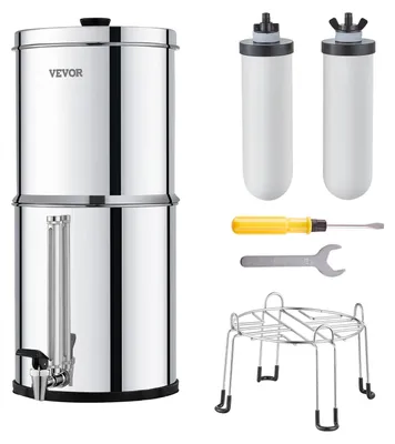 Produktbild von VEVOR Schwerkraftbetriebene Wasserfiltersystem, 2,25G 304 Edelstahl Tischfilteranlage, reduziert Blei und bis zu 99% Chlor, mit 2 Aktivkohlefiltern, 2 Defluoridationsfiltern, Wasserhahn, Aktivkohle + Keramikfilterpatrone, 2.25 gal-b