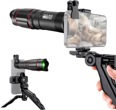Produktbild von 25-faches Telefon Telezoom Objektiv mit Telefonclip, Teleobjektive für Mobiltelefone, Telefonhalter, Reinigungstuch, Mini-Stativstaender Teleobjektive