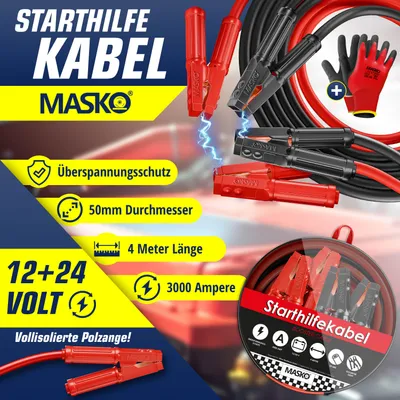 Produktbild von MASKO® Starthilfekabel Überbrückungskabel für Benzin- und Dieselmotoren, 6/12/24 Volt. Auto Motorrad Starterkabel aus Kupfer inkl. Handschuhe und Tragetasche (25mm² 1200A / 30mm² 1500A)