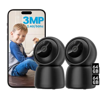 Produktbild von 2X 2K 3MP Überwachungskamera innen 360°, WLAN 2,4GHz, KI-Erkennung, Nachtsicht, Bewegungserkennung, Zwei-Wege-Audio, 64GB Speicher Karte