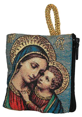 Produktbild von Rosenkranz Tasche Maria hellblau – Etui mit Zipper & Goldstickerei 6,6x7,2cm
