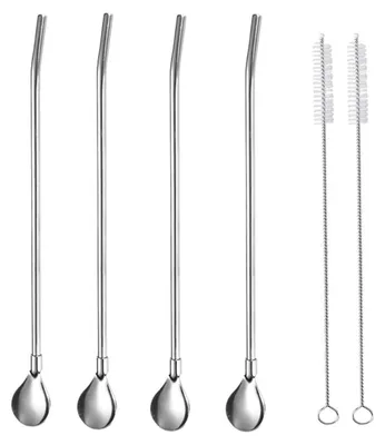 4er-Set Edelstahl-Trinklöffel, 2-in-1, mit 2 Reinigungsbürsten