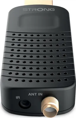 A black Strong SRT84 Mobiler TV-Turner DVB-T2 HDMI Dongle is shown against a white background.