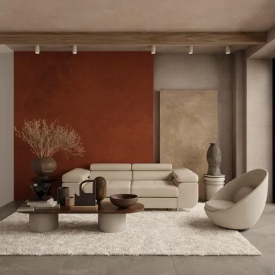 A modern living room scene with a beige sofa, coffee table, and accent chair.