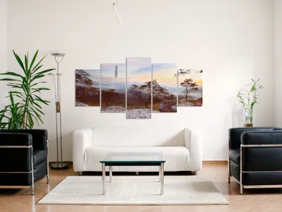 Image de Tableau acoustique Paysage Nature 200 x 100 cm Tableaux Mousse acoustique Absorbeur acoustique haute performance Isolation acoustique Toile 5 pièces Tableau mural Acoustique intérieure Isolation acoustique Montagne Prairie 030101-8