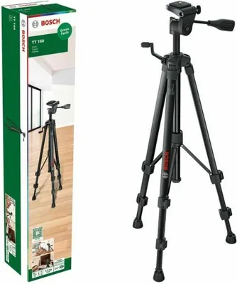 A product shot of a Bosch tripod and its packaging.