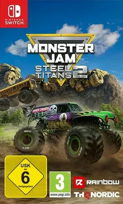 A video game cover art featuring monster trucks.