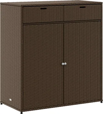 A brown poly rattan garden cabinet with two drawers and two doors.