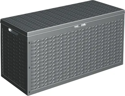 A gray plastic storage box with a textured lid and sides, shown from a three-quarter angle on a white background.