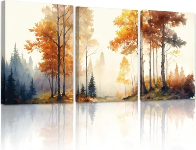 Obrázek produktu pro MHARTK66 Sada akvarelových obrazů na plátně 30 cm x 40 cm x 3 estetické žlutozlaté podzimy