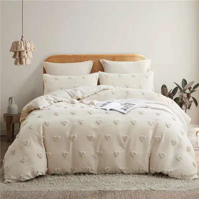 Immagine prodotto di Set di lenzuola 200x200 cm, beige, con motivo a cuore in cotone, 3 pezzi