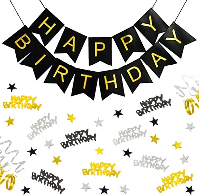 Produktbild von Oblique Unique Geburtstag Party Deko Set - Happy Birthday Girlande + Konfetti Hängedeko Streudeko gold schwarz