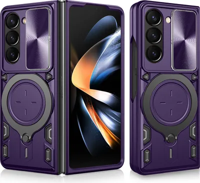 Produktbild von Handyhülle für Samsung Galaxy Z Fold 5 Dual-Layer Stoßfest Rüstung Hülle mit Dia Kameraschutz und Kreisförmig Ring Ständer Lila