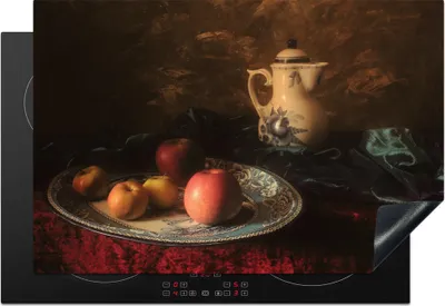 Produktbild von KitchenYeah© Herdabdeckplatte Malerei - Stilleben - Teekanne - Äpfel , 76x51cm, Küche Deko, Glaskeramikkochfeld Herdabdeckung, Abdeckplatte fùr Kochfeld