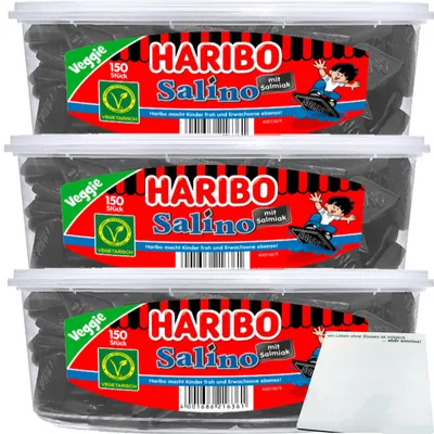 Produktbild von Haribo Salino Lakritzrauten mit Salmiak 3er Pack (3x150 Stck. Runddose) + usy Block