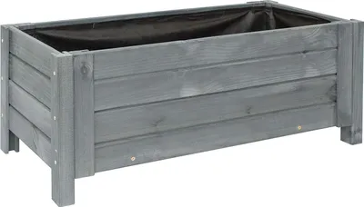 A rectangular wooden planter box with a dark liner inside, shown from a slightly elevated side angle on a white background.