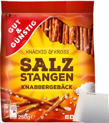Produktbild von Gut & Günstig Salzstangen Knabbergebäck Knackig & Cross mit Meersalz (250g Packung) + usy Block