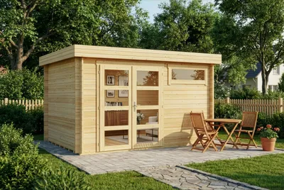 Produktbild von Gartenhaus Leandro-28 mit Fußboden aus Holz, Gerätehaus 394x268cm mit 28 mm Wandstärke in Naturbelassen