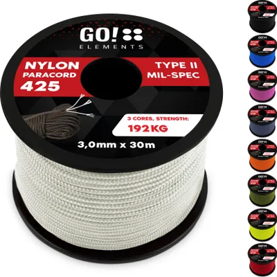 Produktbild von GO!elements 30m Paracord Seil aus reißfestem Nylon - 3mm Paracord 425 Typ II max. 192kg - Schnüre als Outdoor Seil, Allzweckseil, Survival Seil, Armband, Hundeleine, Nylonschnur, Farbe: Weiß