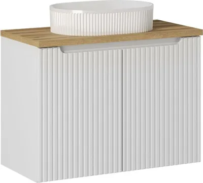 Zdjęcie produktu dla Szafka Łazienkowa Biała 80 Cm Z Blatem Dębowym I Umywalką Nablatową