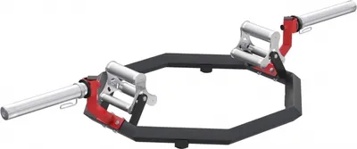 A trap bar for weightlifting, shown from a diagonal angle against a white background.