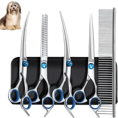 Produktbild von 5er-Pack Profi Hundeschere Set, Inkl 1 Effilierschere, 2 Gebogene, 1 Gerade Schere, 1 Fellpflegekamm, für Fellpflege Hund Katze Haustier, für Ganzkörper, Gesicht, Nase, und Ohr