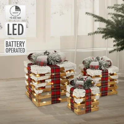 Obrázek produktu pro ECD Germany Sada 3 dárkových krabiček LED, hnědá, dřevěný sníh, na baterie s časovačem