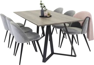 Image de MarinaGRBL ensemble table, table El boisReproduction gris et 6 Velvet chaises Velours grisclair.
