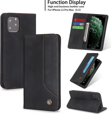 Produktbild von iPhone 11 Pro Max Hülle, LaimTop Retro Kunstledertasche Schutzhülle mit Kartenfach Standfunktion für iPhone 11 Pro Max Schwarz