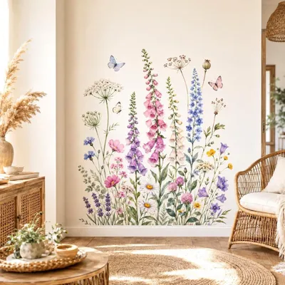 Image de Autocollant mural Decords – Prairie de fleurs sauvages en aquarelle, avec digitale et delphinium, 220 cm