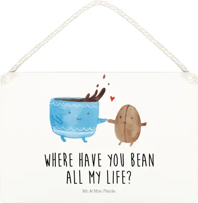 Produktbild von Mr. & Mrs. Panda Schild Kaffee Bohne DIN A5 - Weiß - Geschenk, Lustige Sprüche, Kaffeebohne, holzbild, Genuss, Türschild, hängeschild, Zufriedenheit, Glück, Holzschild