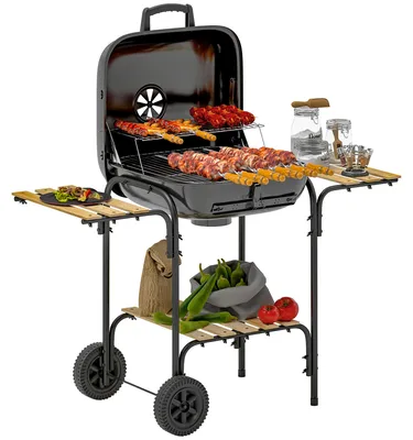 Produktbild von Holzkohlegrill aus Stahl Grillwagen mit abschließbarem Deckel Grillrost Räder Griff Holzablage 98 x 54 x 91 cm Schwarz