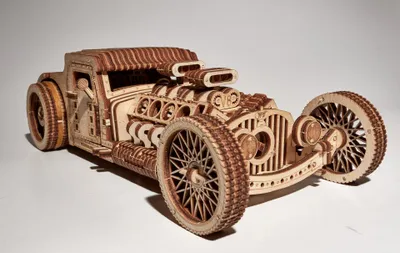 Produktbild von Wood Trick Frisiert Auto Holzmodellauto-Kit zum Bauen - Fahrten bis zu 9,7 m - Sehr detailliert und robust - Keine Batterien - 3D-Holzpuzzle - Mechanisch