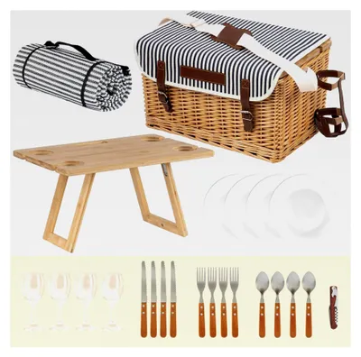 Produktbild von Picknickkorb für 4 Personen mit Geschirr-Set und Serviertisch | 25-teilig | Picknickkoffer mit gestreiftem Innenmuster | Weidenkorb mit Kunstlederriemen | Picknicktasche, Picknick Set