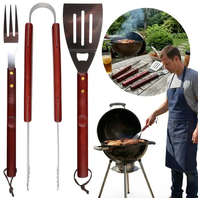 Produktbild von Grillbesteck-Set mit Holzgriffen, Schaufel, Zange und Gabel – Set aus Edelstahl