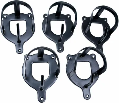 Five black metal bridle holders are arranged in a scattered pattern on a white background.