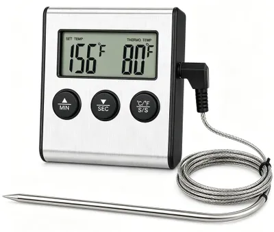 Grillthermometer digital 0–250 °C mit Timer, LCD, Edelstahlsonde
