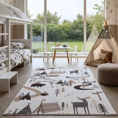 Image de Homebyhome Tapis enfant animaux forêt tapis de jeu pour chambre enfant couleur crème idéal salle de jeux Taille: 200x290 cm