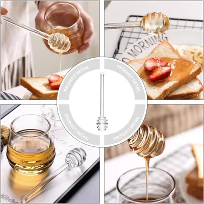 Immagine prodotto di 2 bacchette di plastica riutilizzabili a forma di anello, ideali per mescolare il miele e il caffè