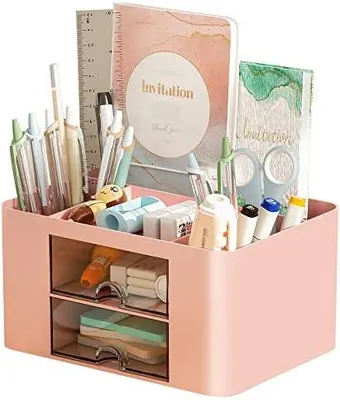 Produktbild von Schreibtisch Organizer mit Schubladen,Multifunktional Stiftehalter Schreibtisch mit 7 Fächer 2 Schubladen,Büro Organizer Zubehör(Rosa)